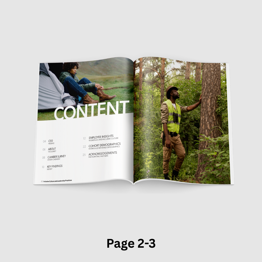 Camber Outdoors survey system mockup — book spread