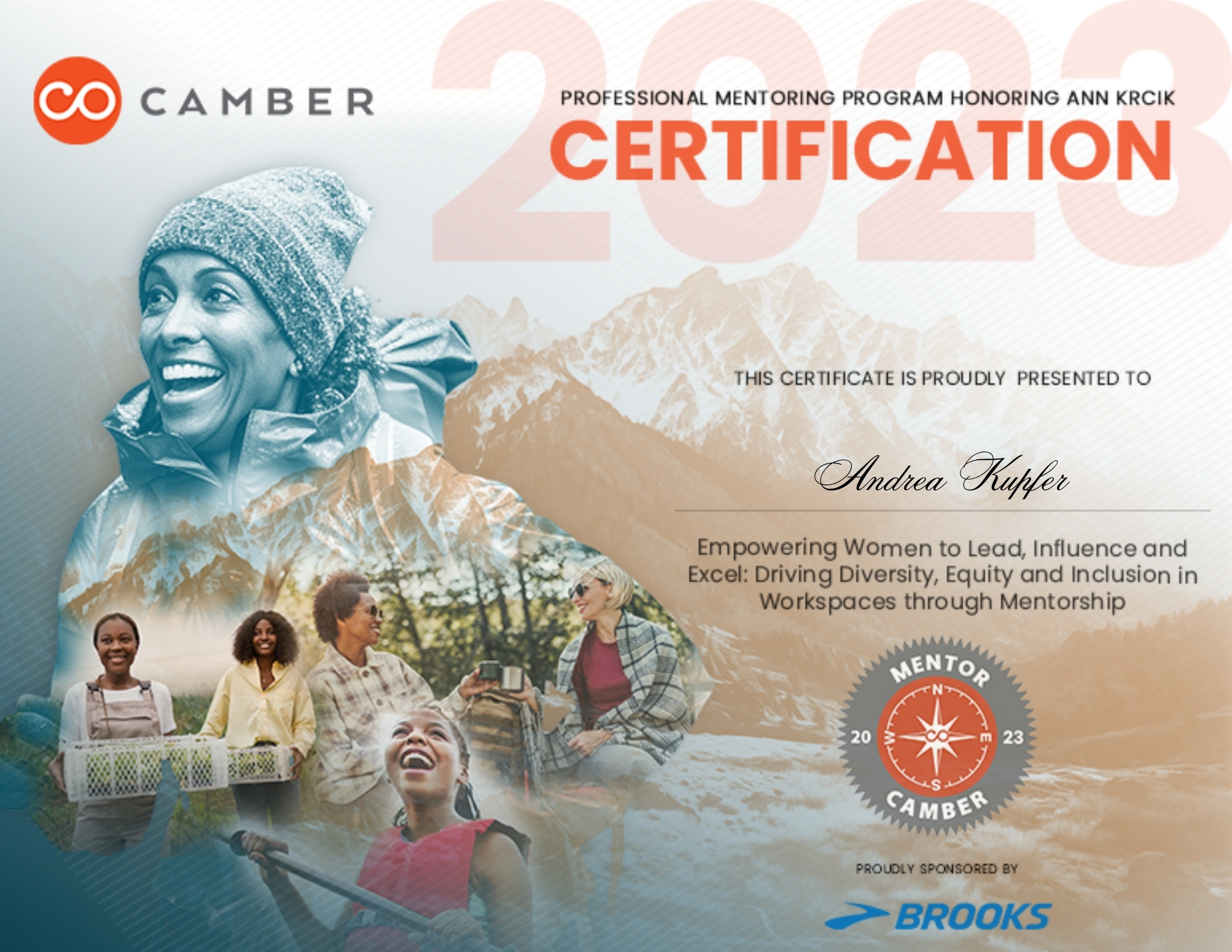 Camber Outdoors mentor certification certificate — mountain and people collage design