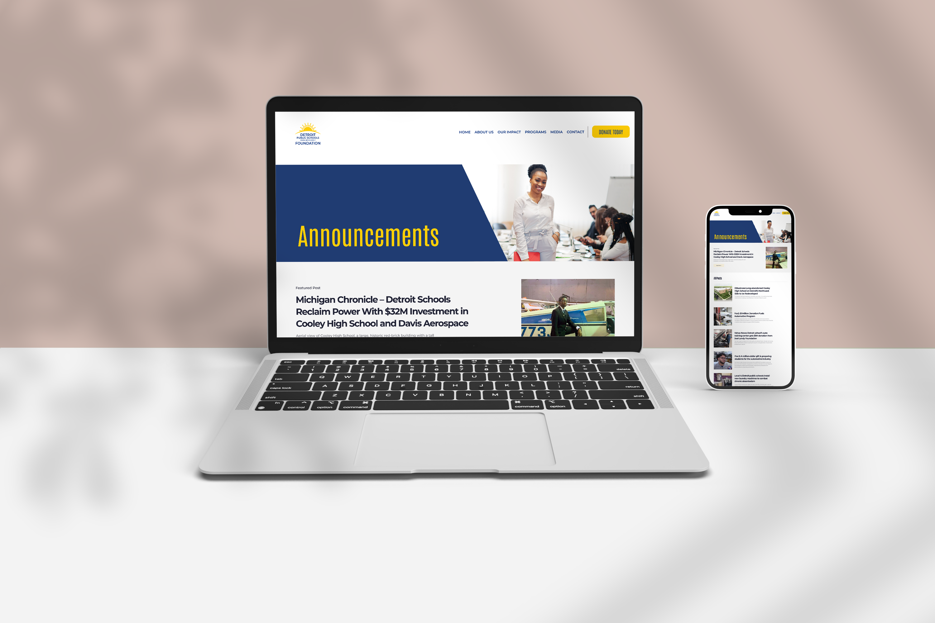 DPSCD Foundation Announcements page — laptop and phone mockup