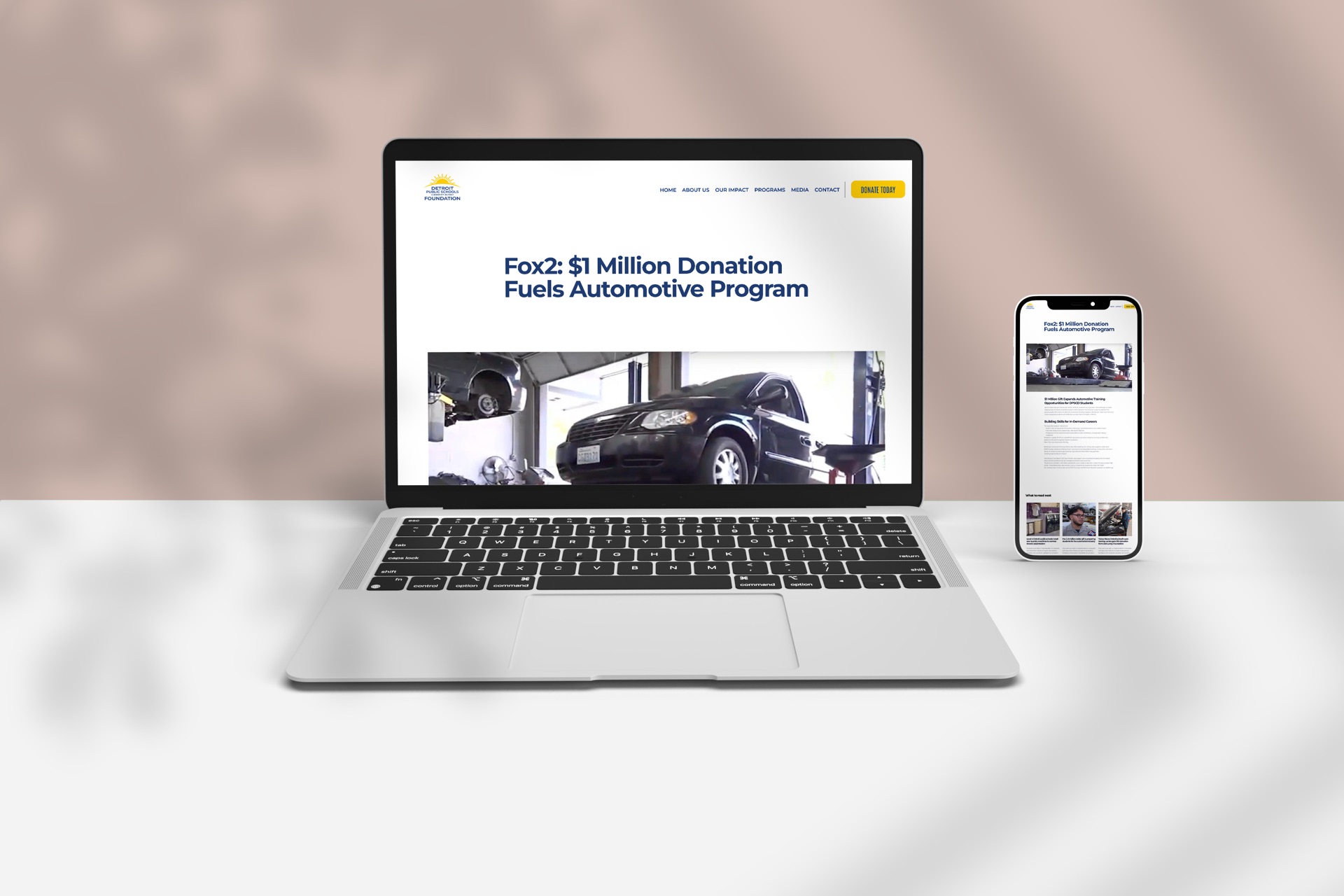 DPSCD Foundation article detail page — laptop and phone mockup showing Fox2 donation story