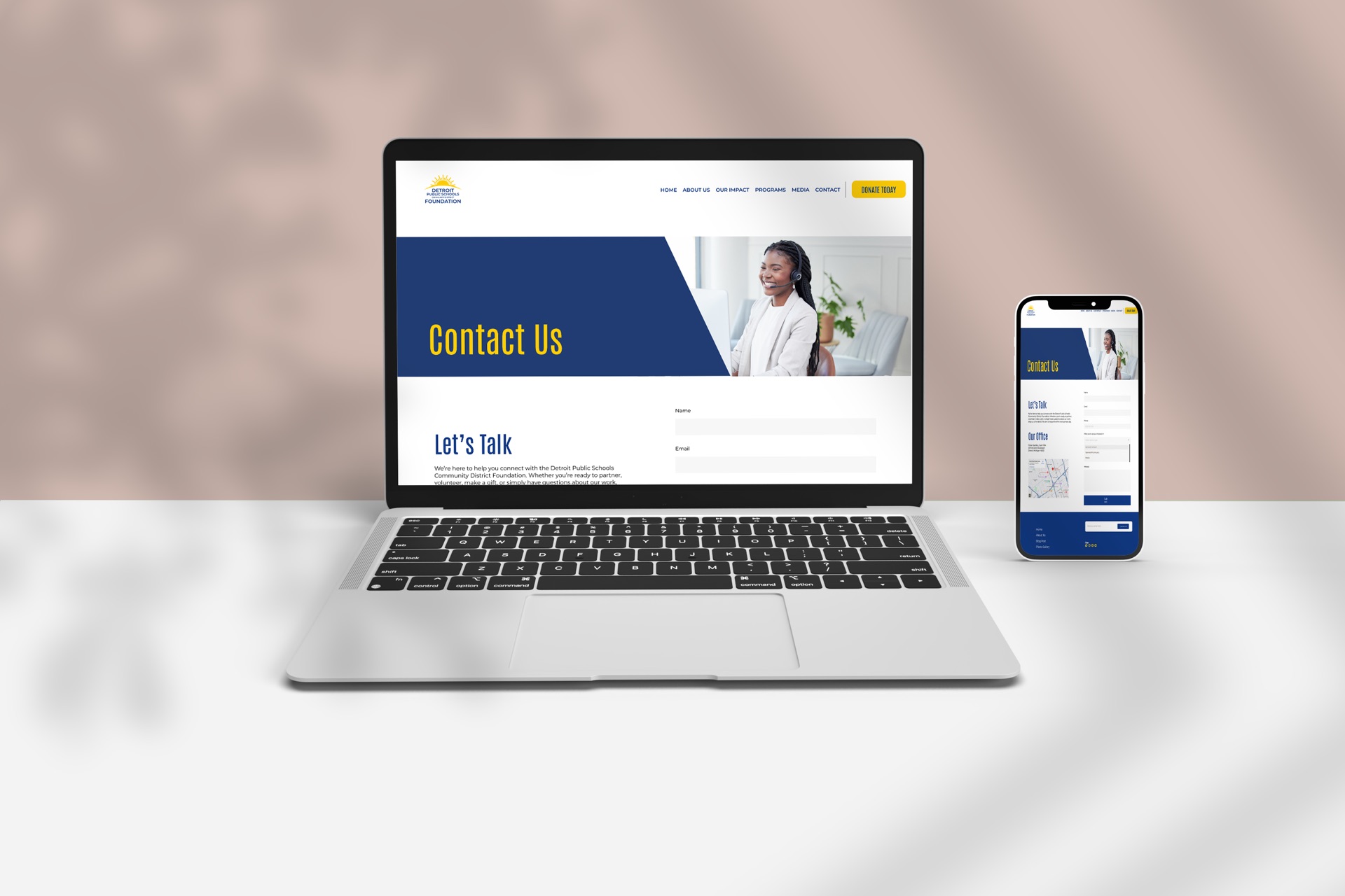 DPSCD Foundation Contact Us page — laptop and phone mockup